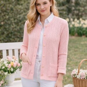 Vintage Cuddle Knit Pink Pointelle Cardigan USA Made Preppy Cottagecore L